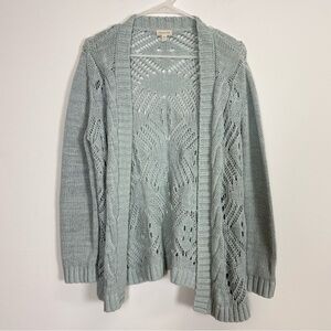 Garnet Hill Cardigan Sweater Womens Medium Blue Open Knit Linen Cotton Blend